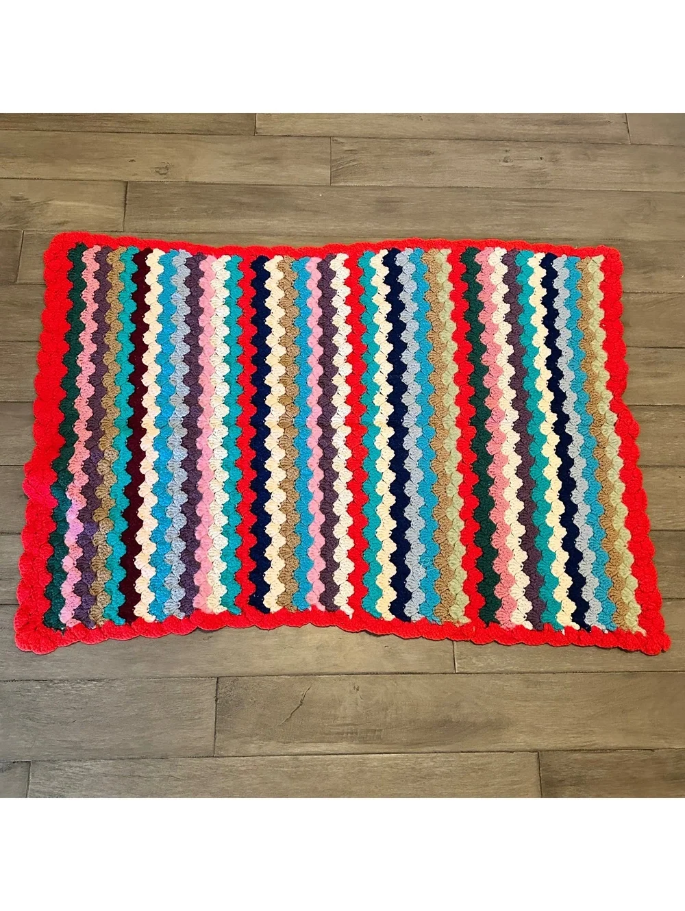 Vintage Hand Crocheted Ripple Afghan Throw Blanket Multicolor Scalloped
